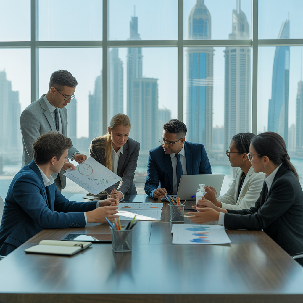 فريق عمل شركة استثمارات الإمارات في اجتماع استراتيجي يناقش خطط التوسع في دبي